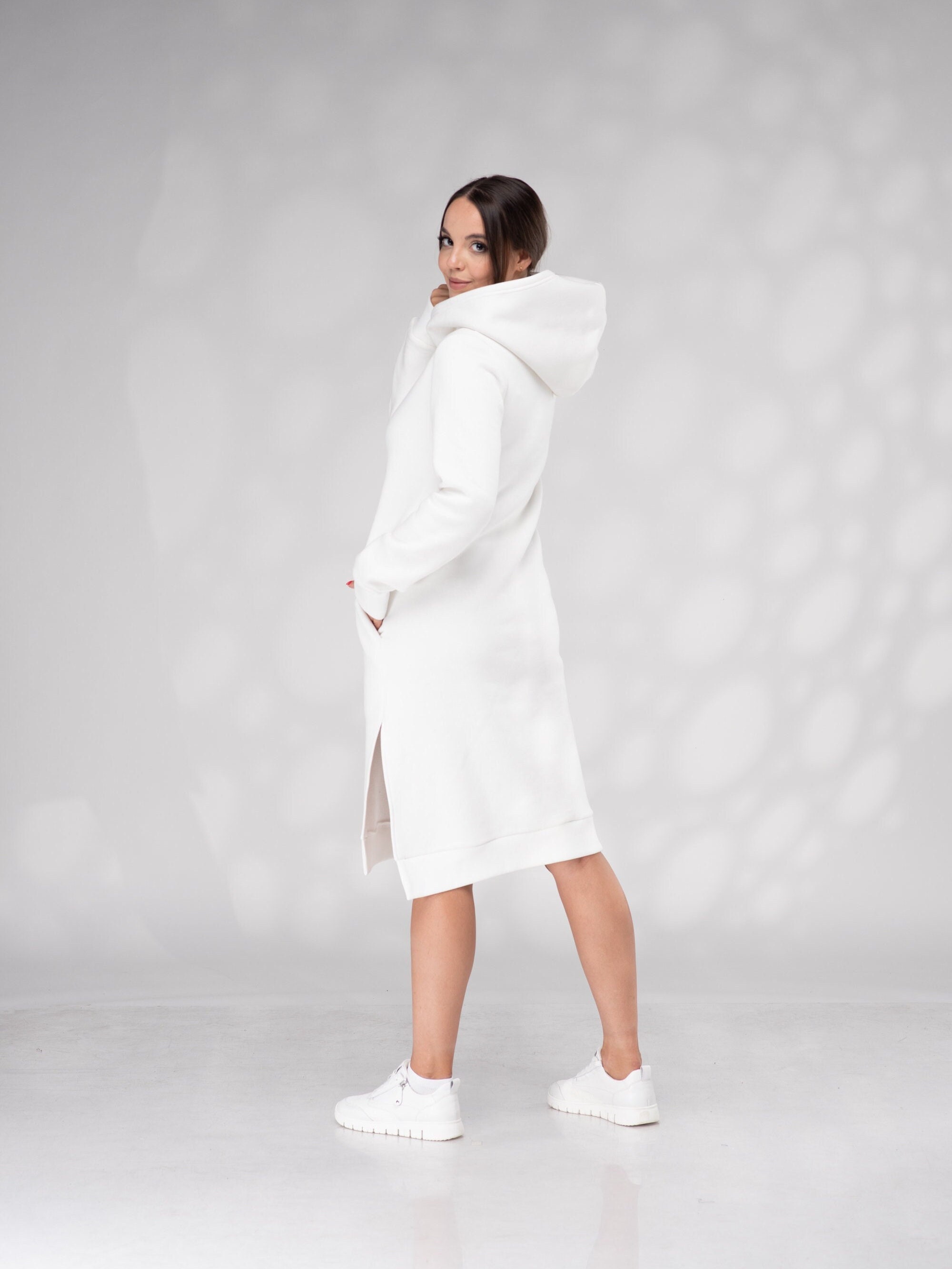 【関税込み】off-white Long hooded dress White Hoodie Sweatshirt Dress, Winter Hooded Dress, Winter