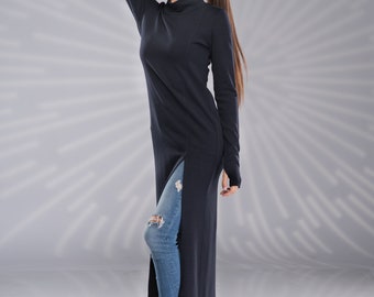 Maxi Tunic Sweater Dress Side Slit, Turtleneck Dress