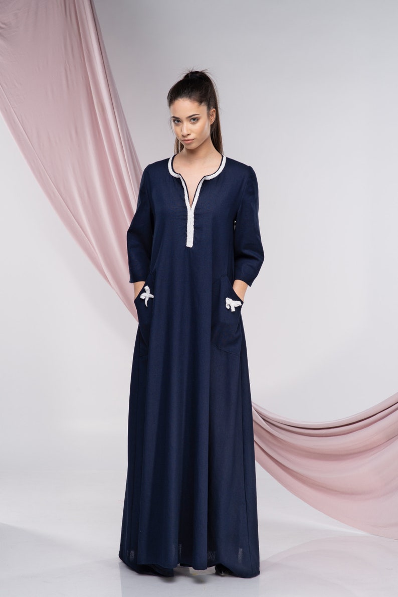 Linne Kaftan Maxiklänning, Broderad Boho Abaya bild 2