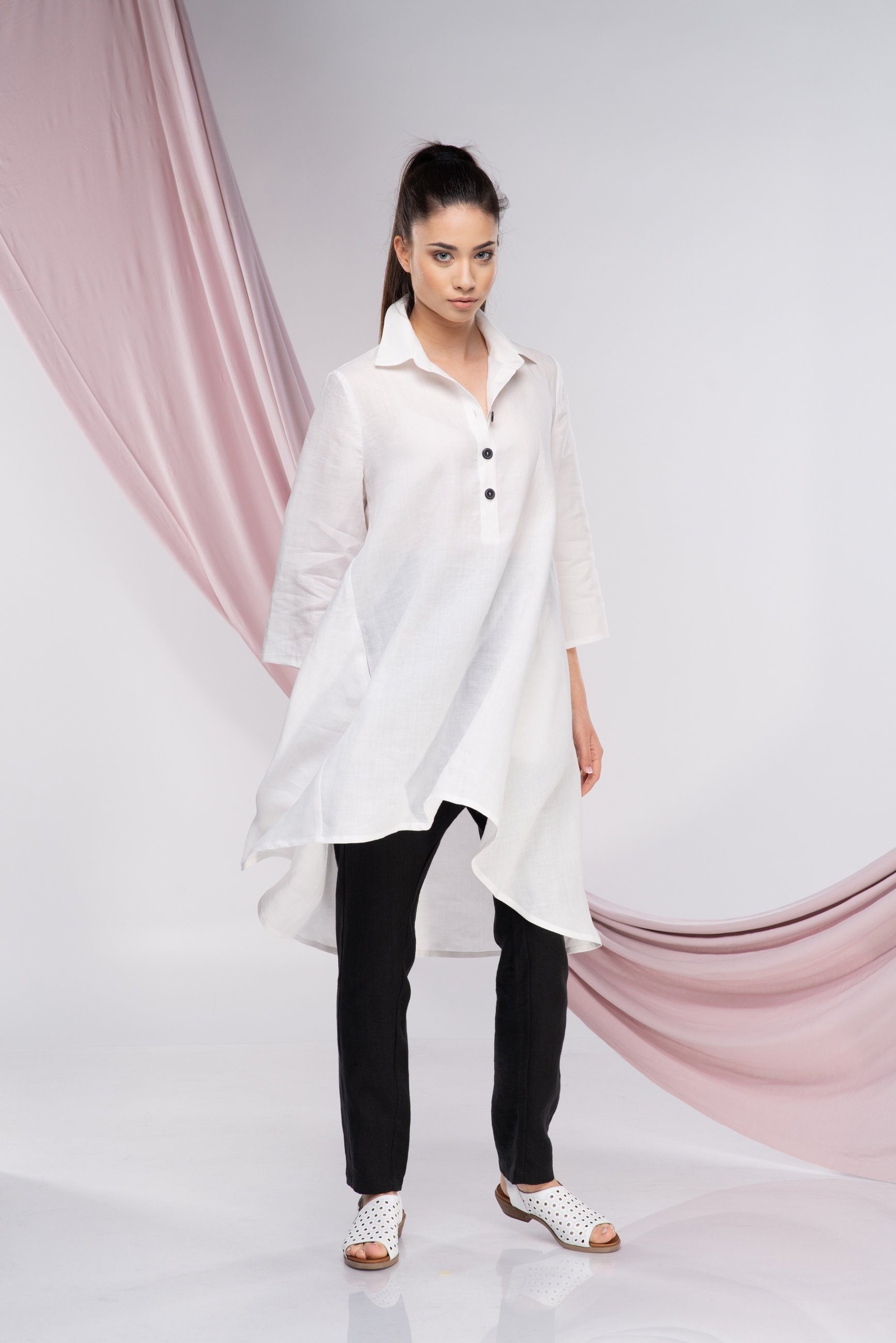 White Linen Tunic Shirt, Long Linen Tunic Tops for Women 