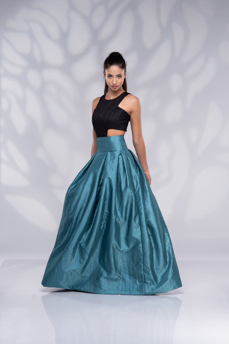 Formele lange maxirok, hoog getailleerde rok, Taffeta rok Teal Blue afbeelding 2