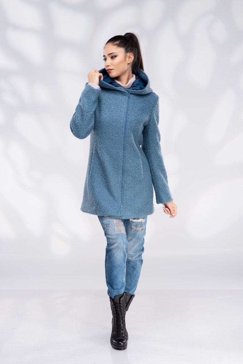 Wool Coat Women, Short Hooded Coat with Zipper image 5