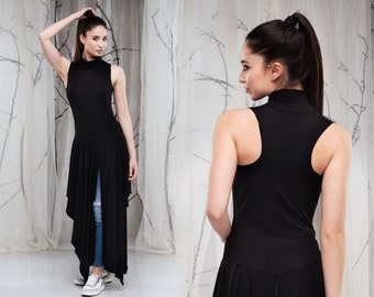 Long Black Turtleneck Asymmetrical Tunic, Summer Casual Draped Top, Sleeveless Tunic Tops for Women