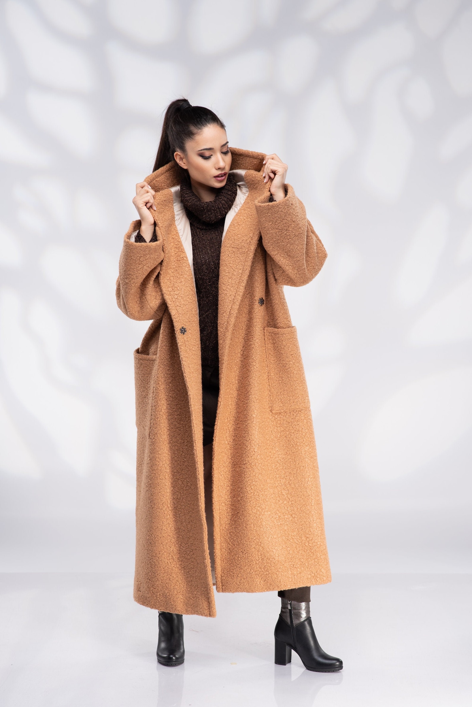 Wool Coat Women Hooded Camel Plus Size Coat Etsy