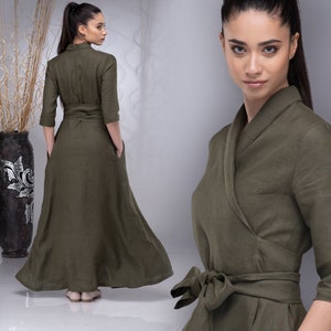 Linen Dress Women, Linen Wrap Dress, Boho Maxi Linen Dress, Shawl Collar Linen Dress, Maxi Wrap Linen Dress, Linen Belt Dress