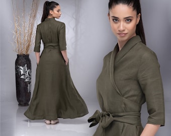 Linen Wrap Dress Women, Summer Maxi Dress with Shawl Collar