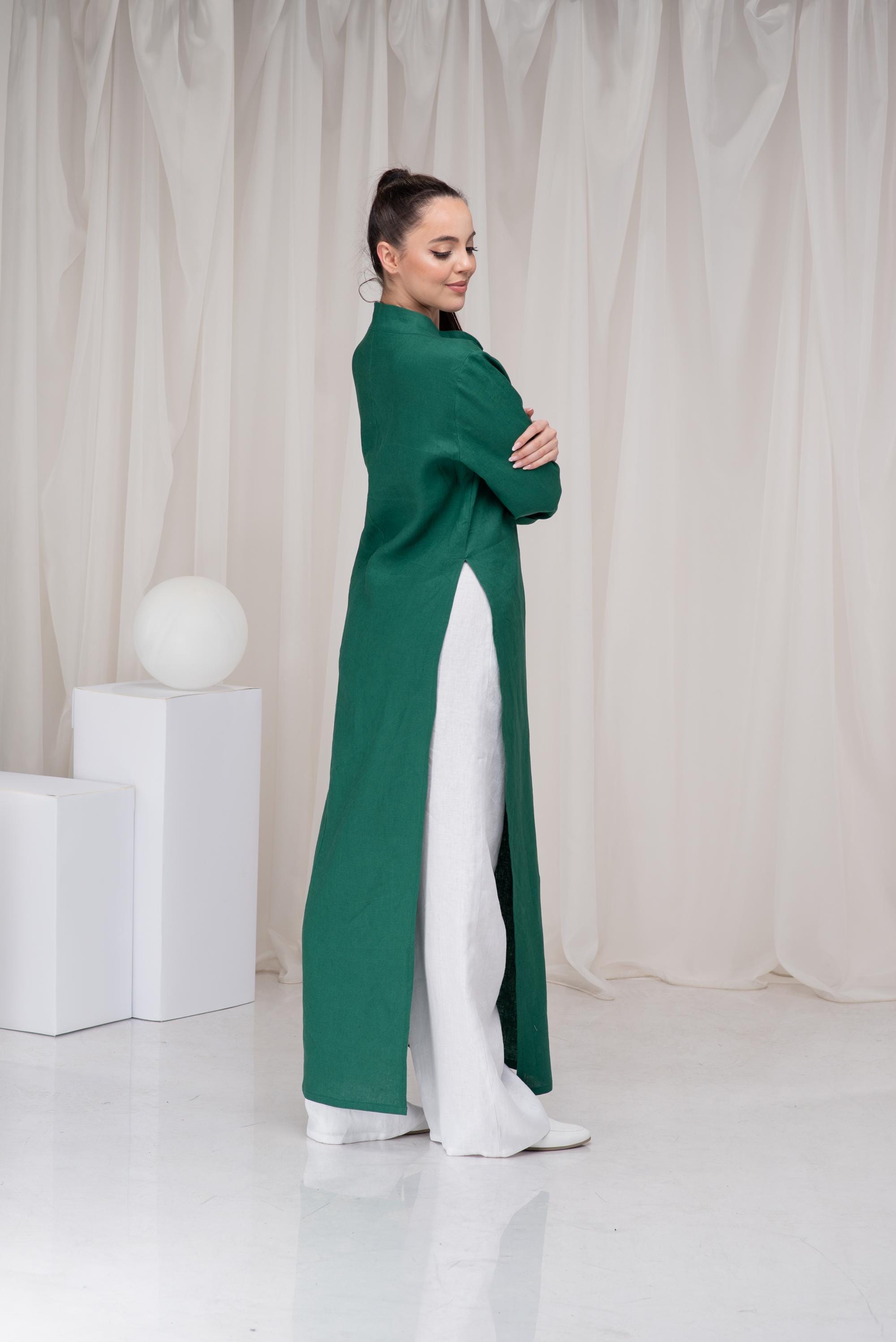 Long Linen Tunic Dress with Two Side Slit, Maxi Linen Shirt
