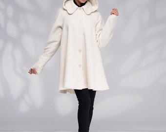 White Wool Coat, Swing Coat, Hooded Coat Women, Winter Short