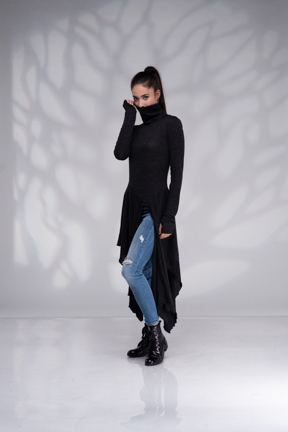 Long Black Turtleneck Asymmetrical Tunic, Casual Draped Top With Thumb Hole  Sleeve, Tunic Tops for Women 