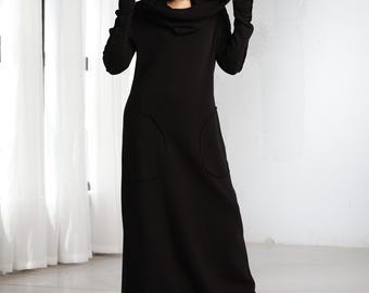 Hooded Sweatshirt Dress, Winter Maxi Dress With Cowl Hood