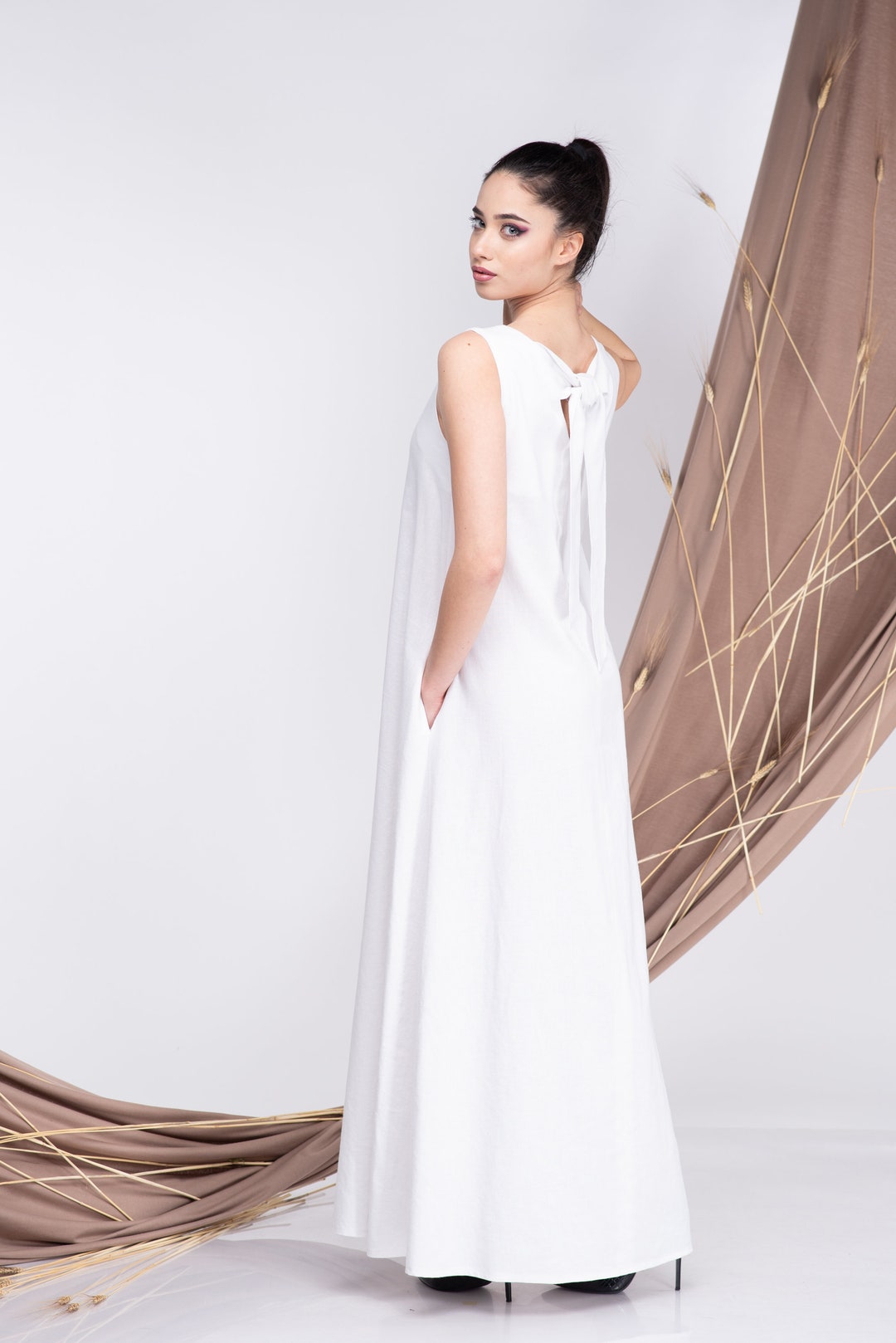 Linen Sleeveless Maxi Summer Long Dress White (6) / L / 100% Linen Linen Sleeveless Maxi Summer Long Dress White (6) / L / 100% Linen
