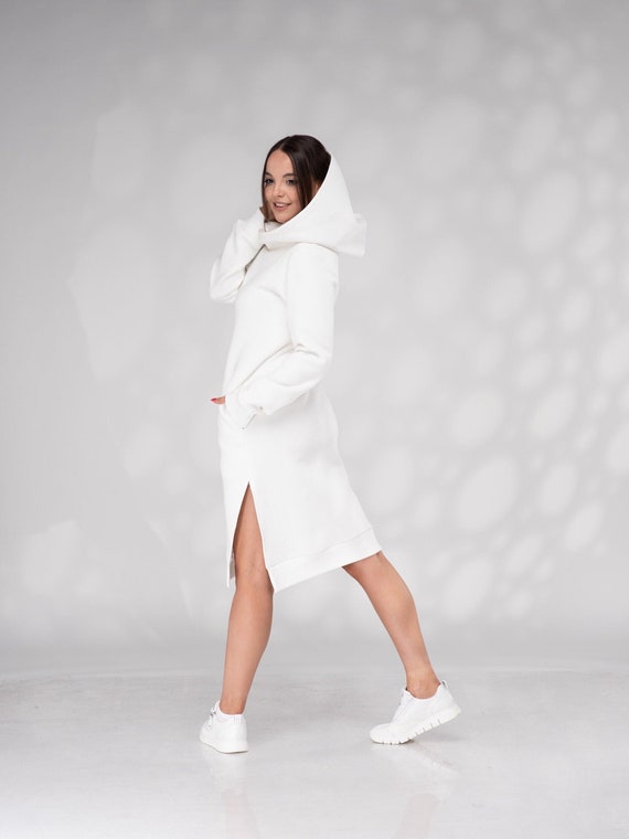 White Winter Hooded Dress Hoodie Sweatshirt Dress Midi Dress With Hood Side Slit Dress Etsy Australia