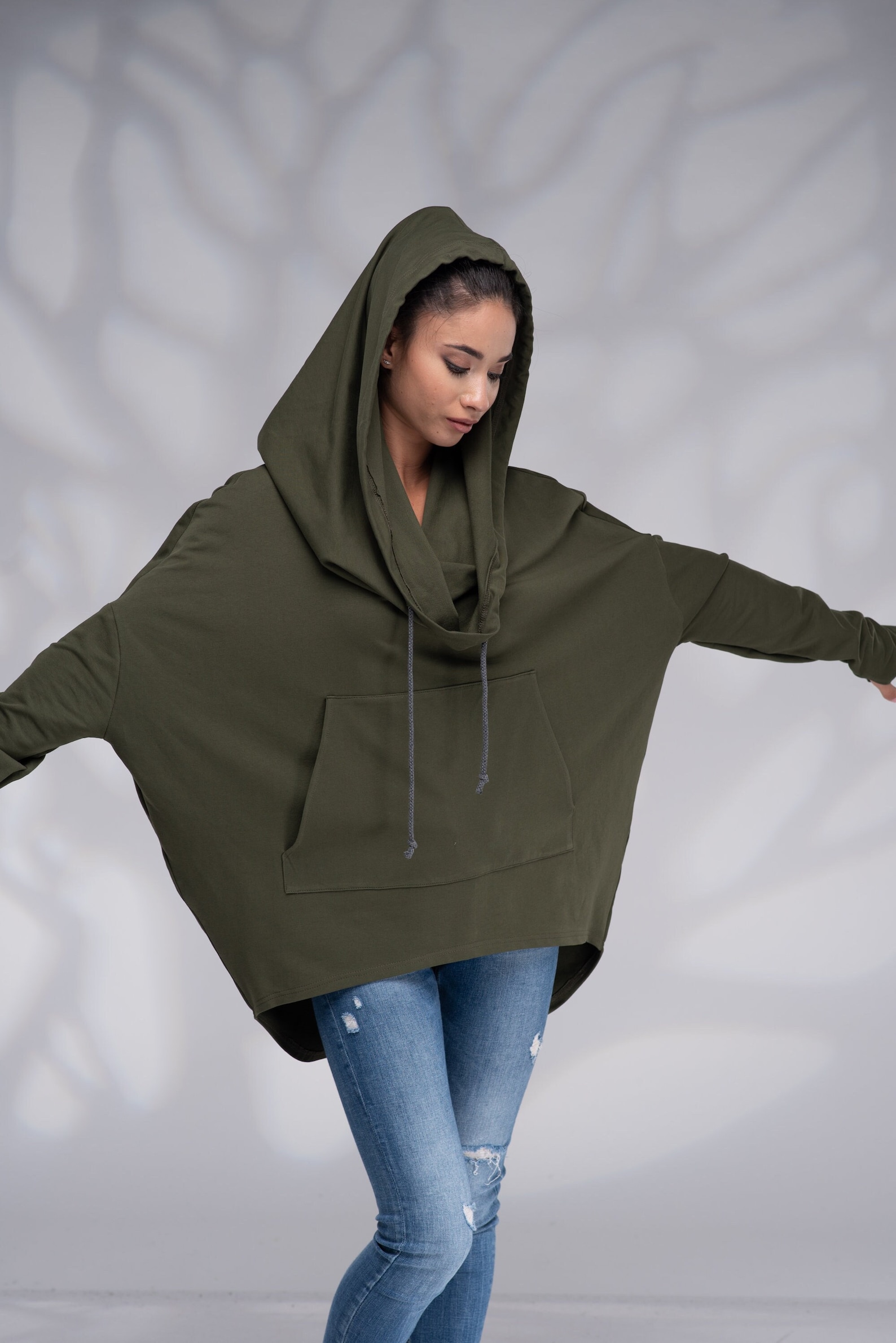 Cowl neck hoodie long flared sleeve solid 2-way top
