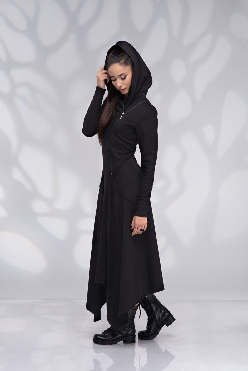 Robe sweat-shirt à capuche, robe avant-garde avec capuche, robe à capuche zippée, robe asymétrique Black (1)