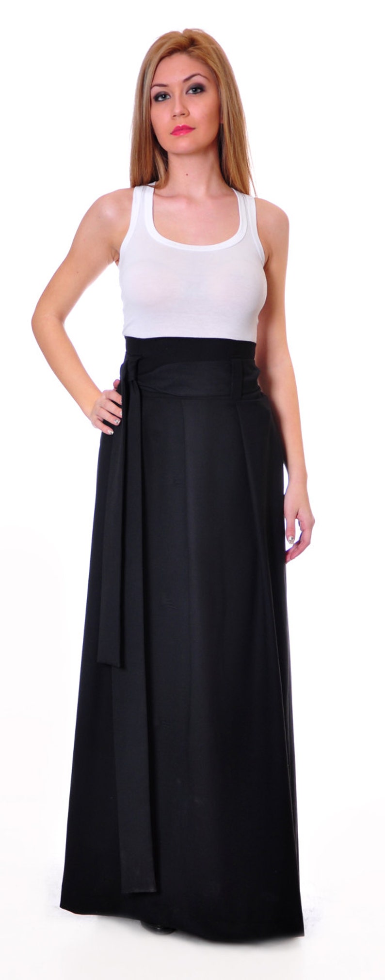 Plus Size Maxi Skirt Black Long Skirt High Waist Skirt Belt Etsy