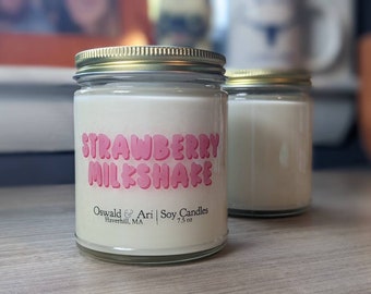 Strawberry milkshake candle, strawberry candle, candles in jars, cute aesthetic candles, pink aesthetic decor, cute aesthetic decor,