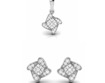 May include: A silver necklace and earrings set with a square pendant and matching earrings. The pendant and earrings are adorned with small, clear cubic zirconia stones.