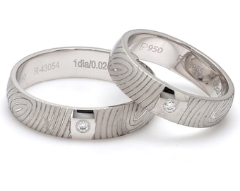 Customized Fingerprint Engraved Platinum Rings with Diamonds for Couples