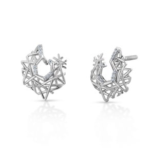 May include: A pair of silver earrings with a geometric design and small clear stones.