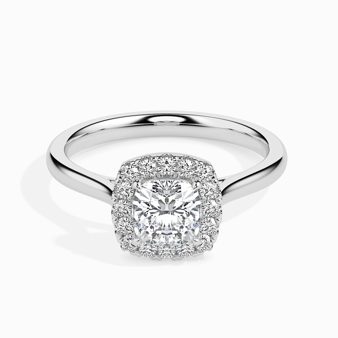 30-pointer Cushion Cut Solitaire Halo Diamond Platinum Engagement Ring ...