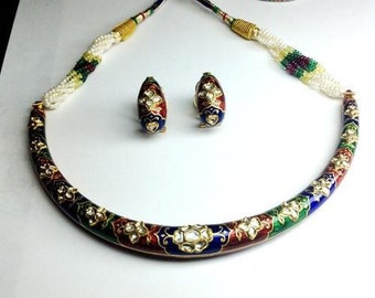 Tri-Color Meena Hasli with Uncut Diamond Polki by Jewelove