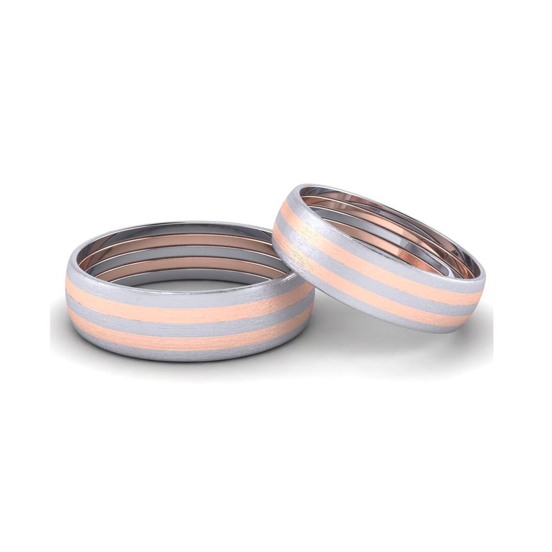 Platinum Couple Rings With Parallel Rose Gold Lines JL PT 647 - Etsy