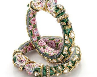 Artistic Elephant Kada Bangle with Diamond Polki, Pink & Green Enamel