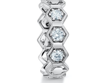 Anillo hexagonal de platino para mujer con 3 diamantes JL PT 992