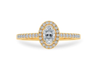 0.70cts. Oval Cut Solitaire Halo Diamond Shank 18K Yellow Gold Ring JL AU 1199Y-B