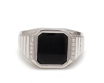 Homens de Platina | Anel Quadrado Preto Esmalte com Diamante para Homens JL PT 1359