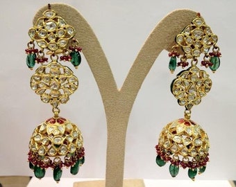 Statement Jewelry Earrings with Diamond Polki and Emeralds by Jewelove