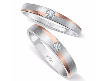 Platinum Love Bands with a Touch of Rose Gold and Single Diamonds JL PT 902