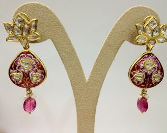 Pink Lotus Earrings crafted in Gold & uncut diamonds