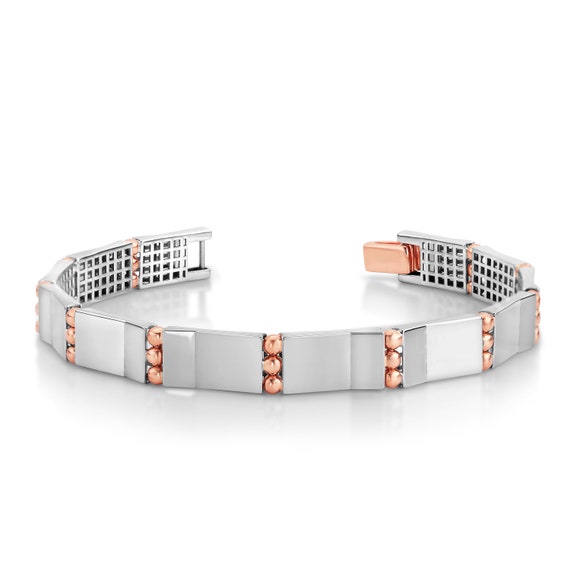 Black faux Leather Rose Gold and Platinum Bracelet with Cz -