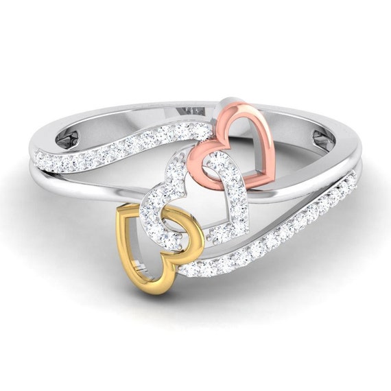 Designer Triple Heart Platinum Ring Multicolor Gold With Diamonds