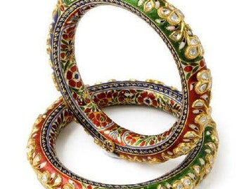 Artistic Diamond Polki Bangle with Red, Green & Blue Enamel