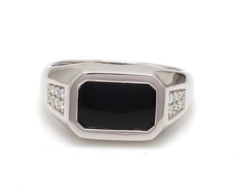 Homens de Platina | Anel Retangular Esmalte Preto com Diamante para Homens JL PT 1360