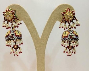 Blue Enamel Jhumkis with Uncut Diamond Polki