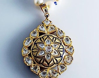 Cream and Blue Enamel Diamond Polki Pendant set by Jewelove