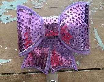 Lavender purple sequin bow ID badge reel holder retractable clip
