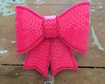 Neon Pink sequin bow ID badge reel holder retractable clip, badge reel, id holder