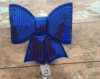 Royal blue sequin bow ID badge reel holder retractable clip