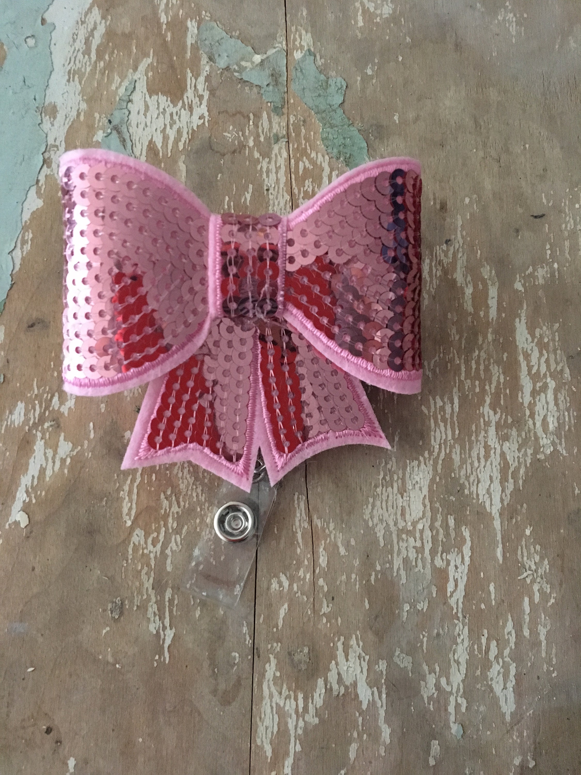 Bubble Gum Pink Sequin Bow ID Badge Reel Holder Retractable Clip