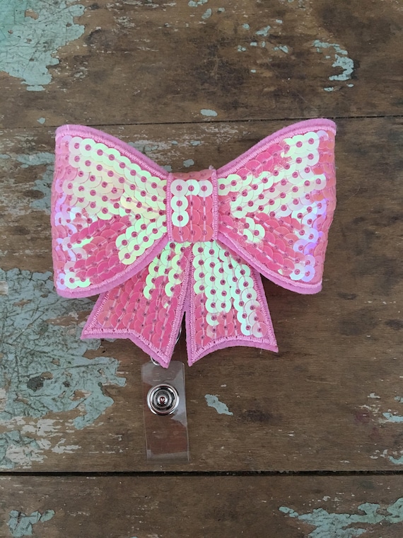 Light Pink Sequin Bow ID Badge Reel Holder Retractable Clip 
