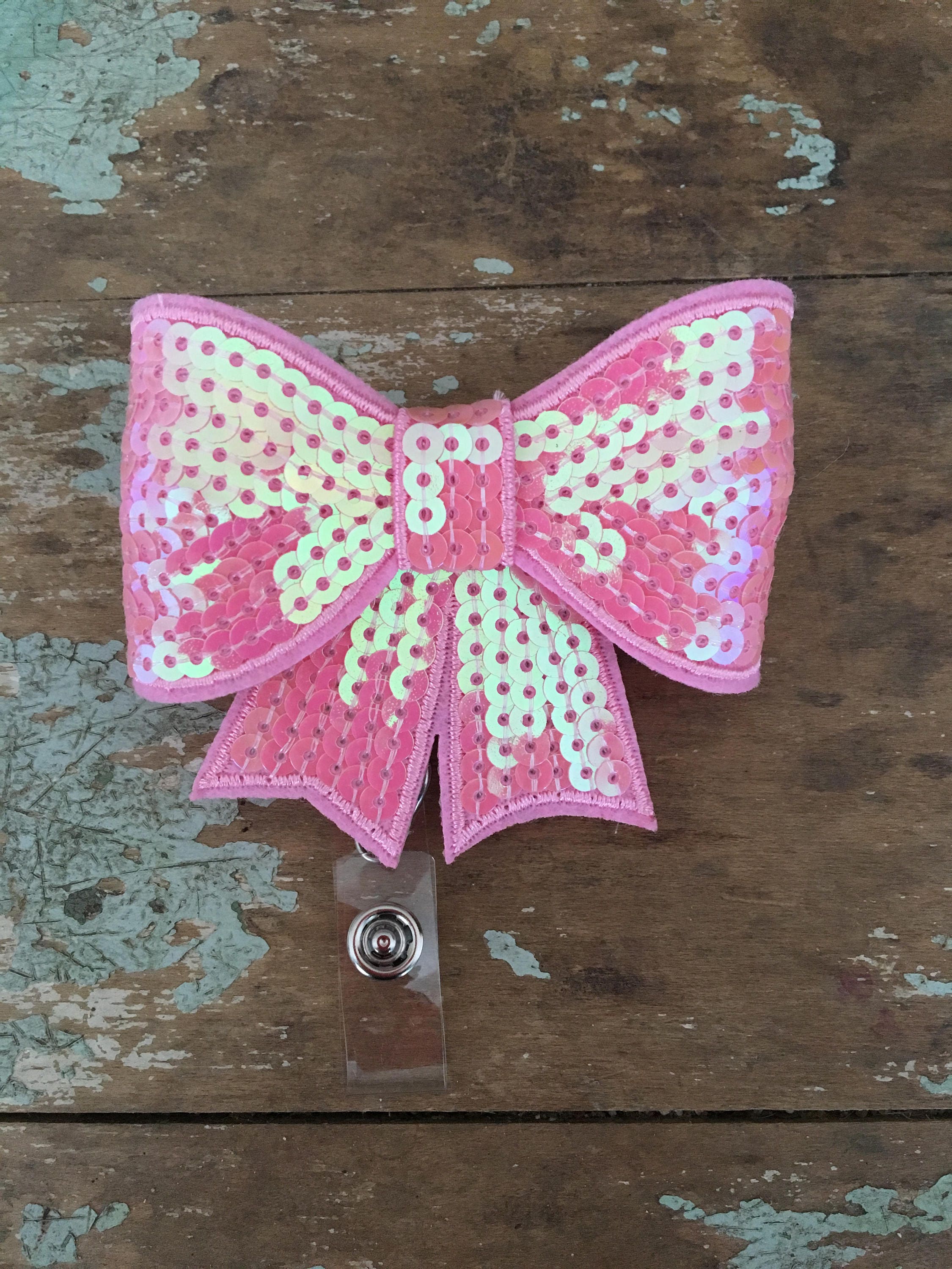Light Pink sequin bow ID badge reel holder retractable clip