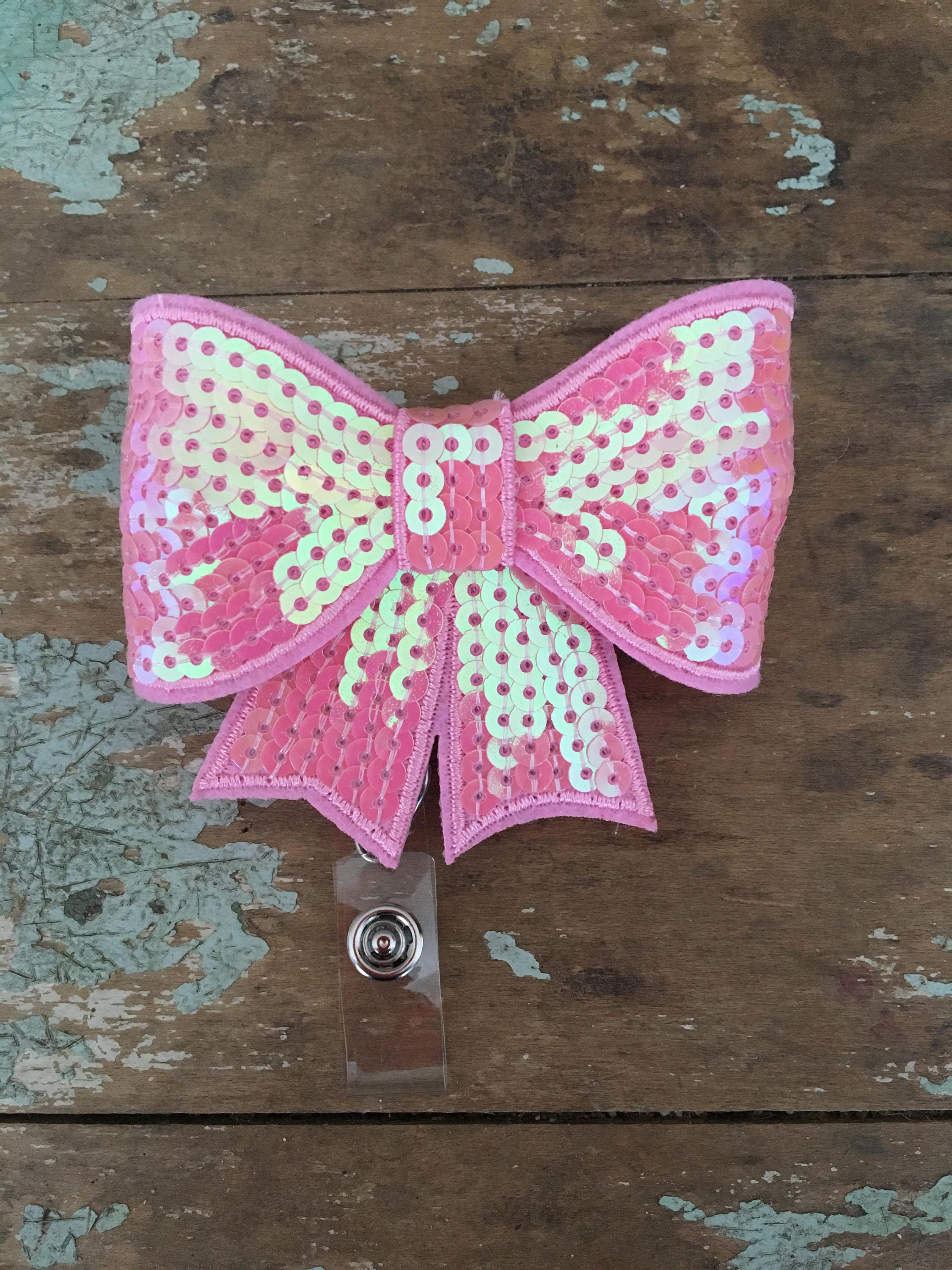 Light Pink Sequin Bow ID Badge Reel Holder Retractable Clip -  UK