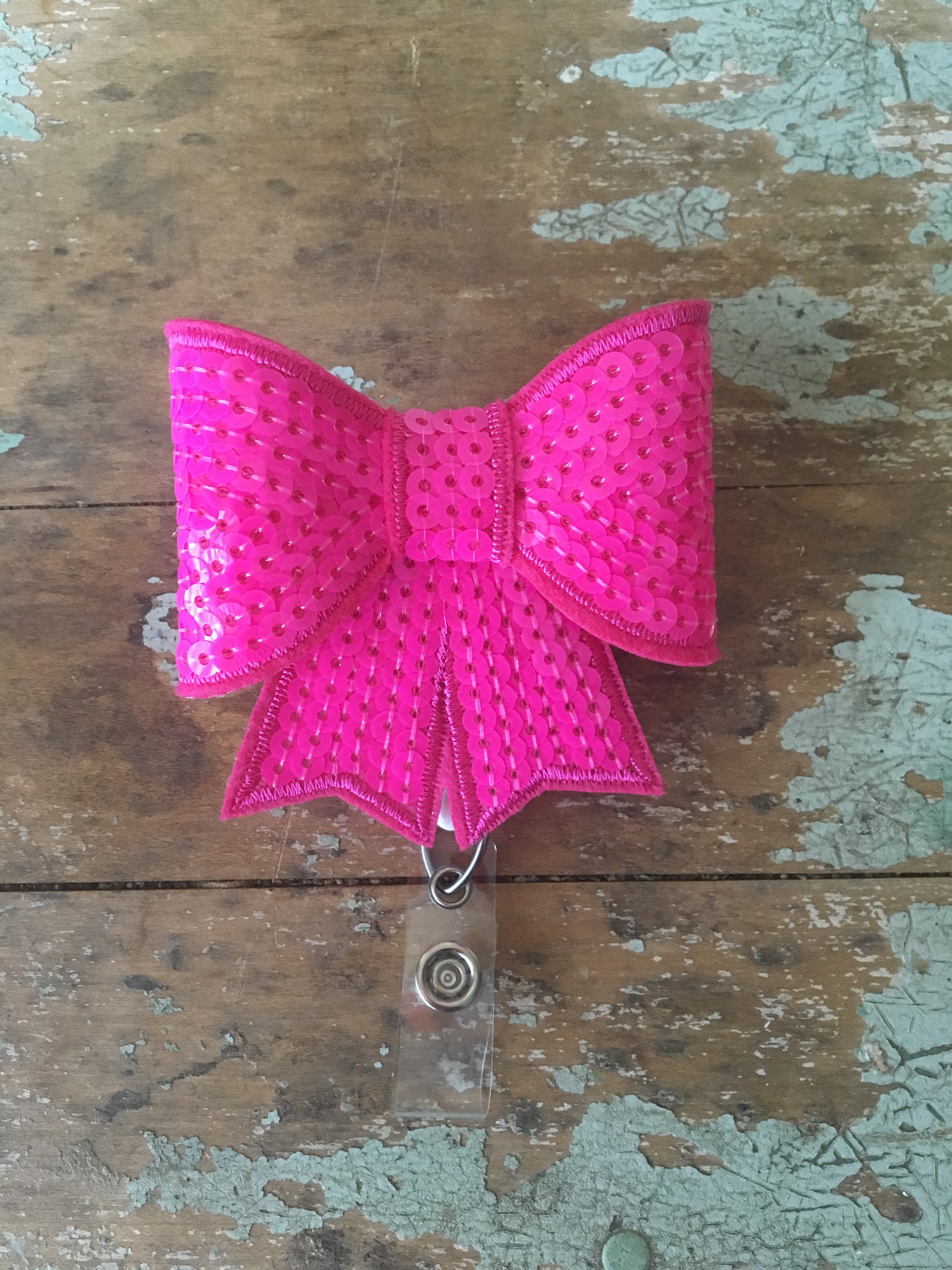Pink rose sequin bow ID badge reel holder retractable clip, badge ree…