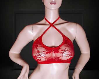 Lace Halter Top, See Through Top, Custom Crop Top, Sexy Crop Top, Sexy Gift for Her, Rave Clothes, Festival Bra, Stripper Outfits, Rave Bra