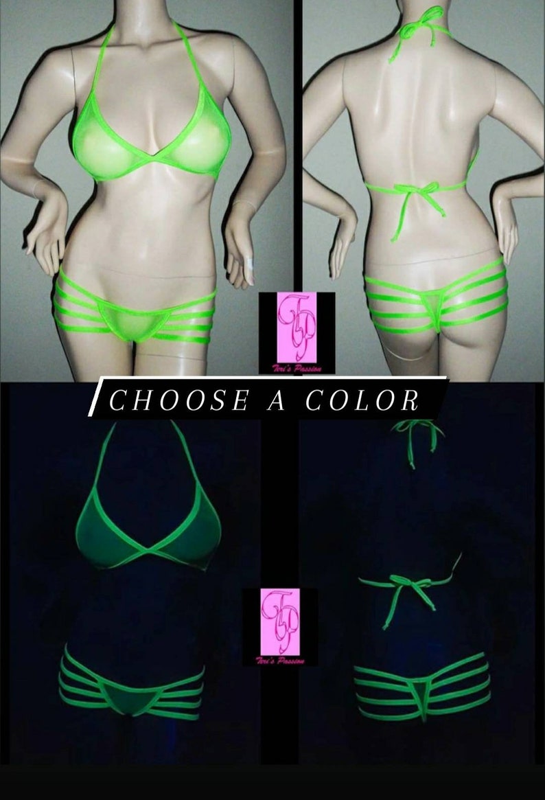 UV Active, Rave Outfits, Strappy Bikini, See Through Bikini, Stripper Clothes, Blacklight Clothing, Sexy Gift for Her, Exotic Dance Wear 