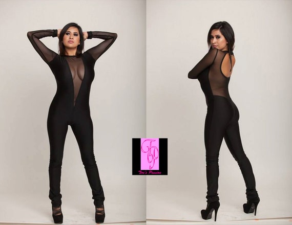 Body Women Sexy Sheer Full Bodysuit Backless Dame Black Striped Sheer Bodys...